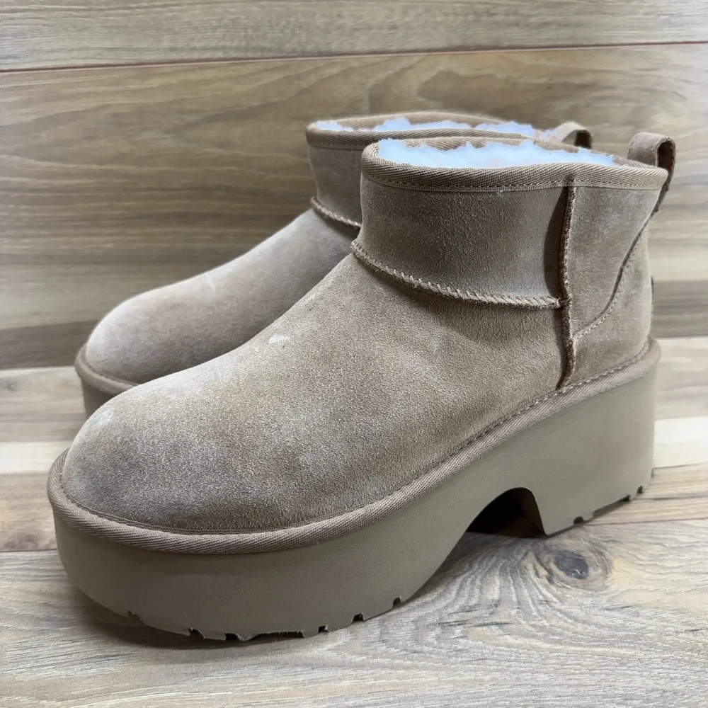 UGG New Height Ultra Mini Boots Womens 10 Platform Chunky‎ Chestnut Suede Fur